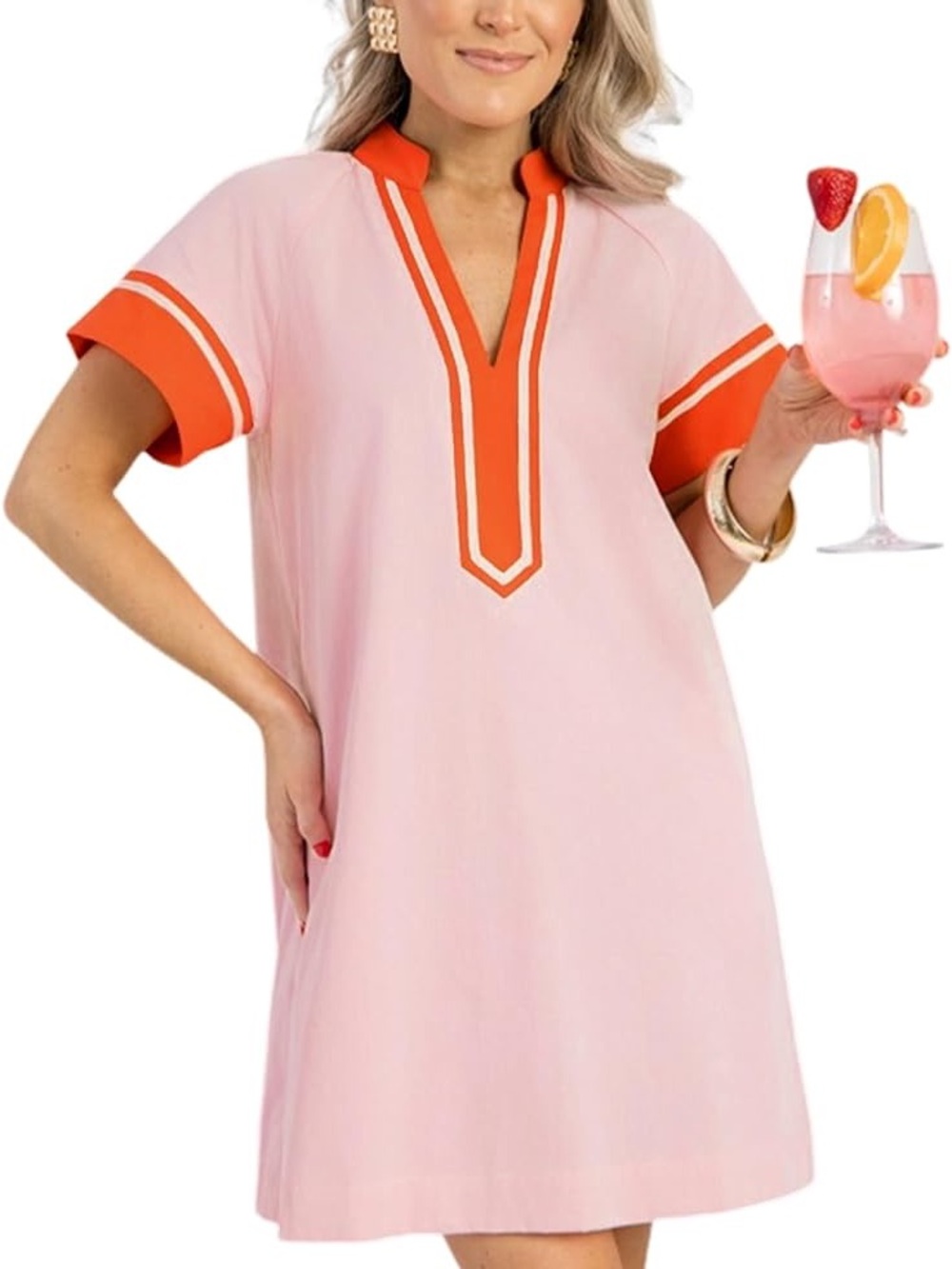 Linen Pink Shift Dress with Orange Trim